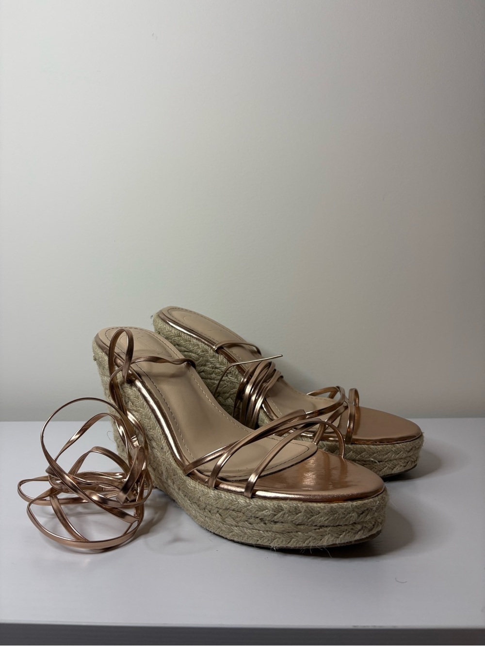 Metallic Rose Gold Espadrille Wedge Sandals with Wrap Straps